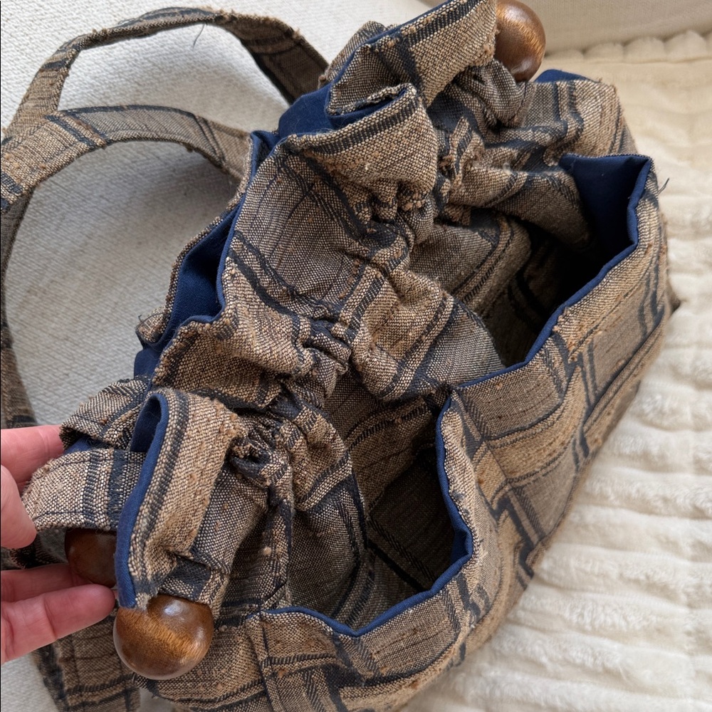 Vintage Boho Tapestry Handmade Artisanal Bucket Bag purse Wood Beads Cottagecore - Picture 6 of 11